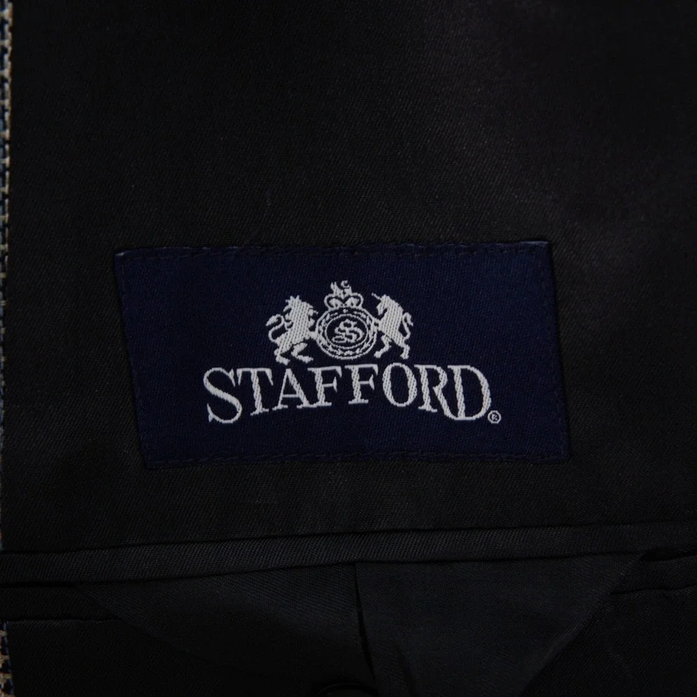 Stafford Mens 100% Silk White Blue Check Sport Coat Blazer 44R